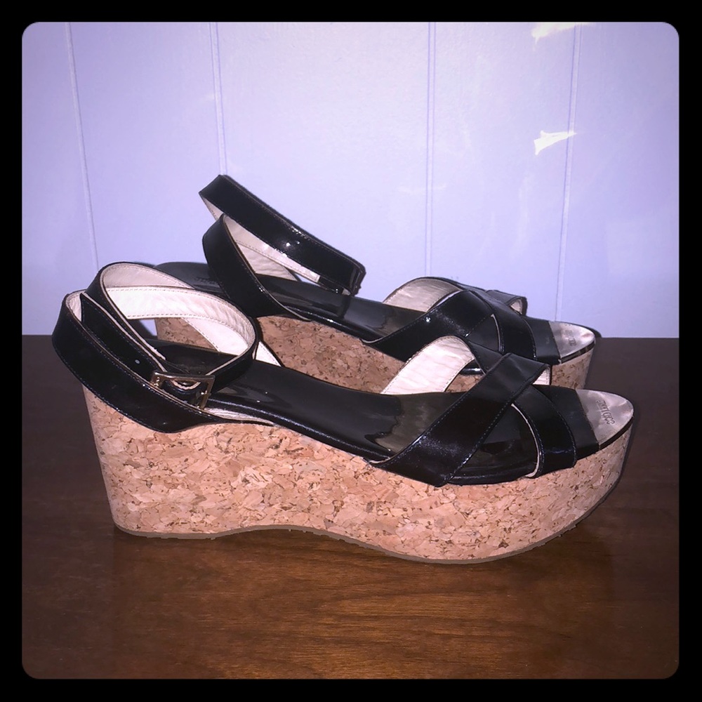 Jimmy Choo Patent Leather Bronze Cork Wedges 8.5